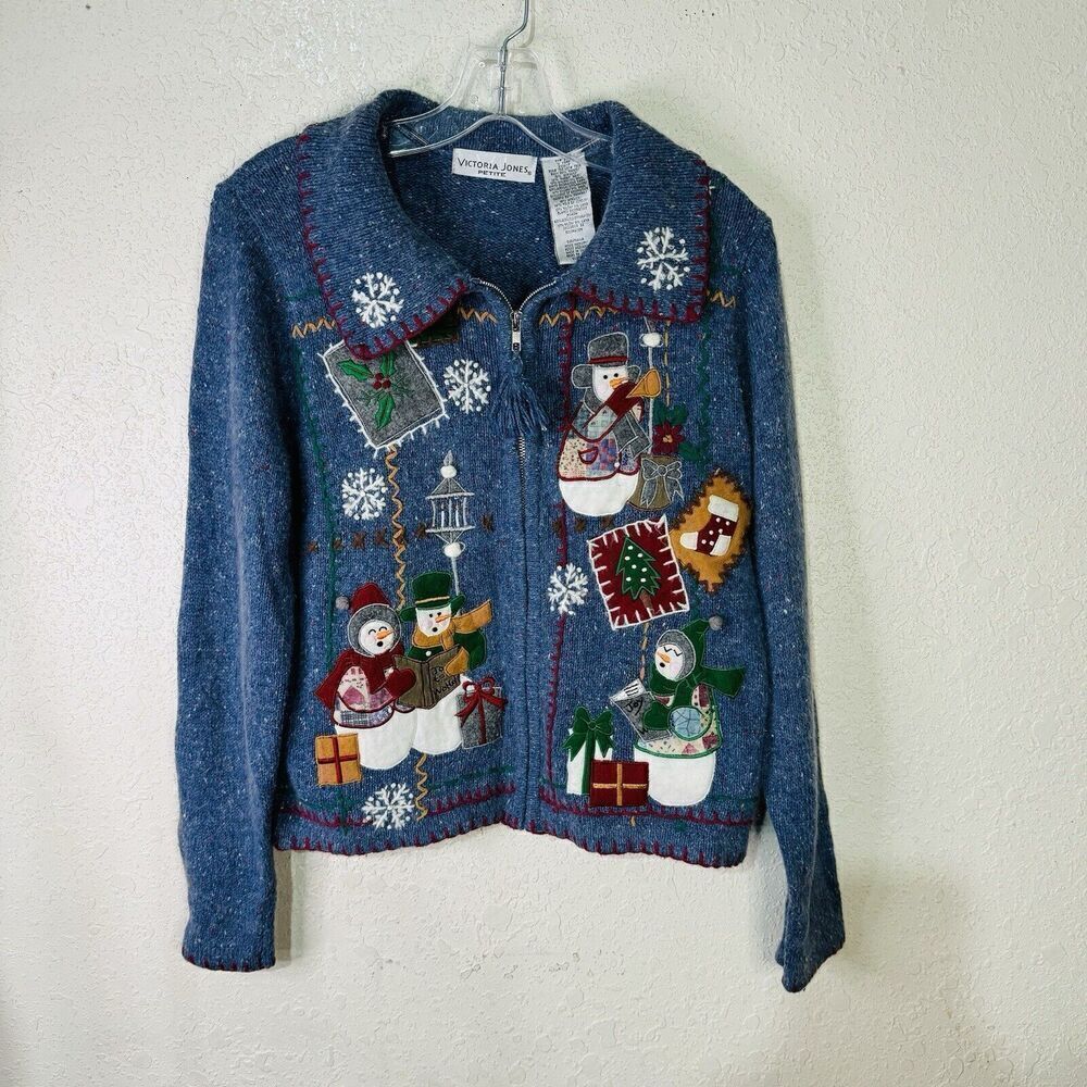 Victoria Jones Petite Christmas Sweater Women's Size PM Full Zip Snowmen‎ Blue